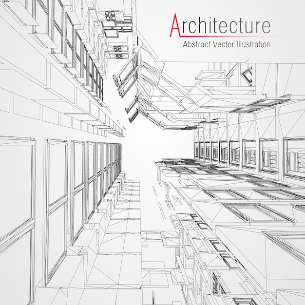 Sfondo della linea di architettura. Estratto di vettore di schizzo di costruzione di edifici. Progetto 3d della città moderna. Tecnologia griglia geometrica. Casa del progetto di filo. Wireframe dell'innovazione dell'architetto digitale.