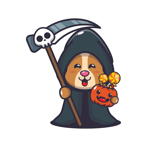 Simpatico cane grim reaper che tiene falce e zucca di halloween. Illustrazione sveglia del fumetto di halloween.