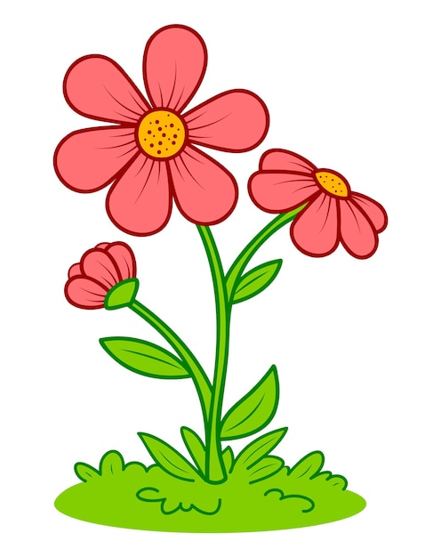 Simpatico cartone animato fiore. Illustrazione vettoriale di clipart di fiori ed erba