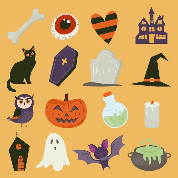 Simpatico set vettoriale con illustrazioni di Halloween zucca fantasma gatto pipistrello lecca-lecca pozione osso