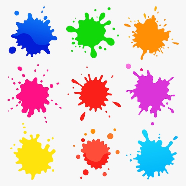 Splash colorati di set di vernice Illustrazioni vettoriali di gocce di inchiostro astratte e macchie con schizzi blu rosso viola giallo verde rosa arancione macchie di inchiosto 3