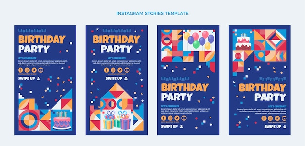 Storie di instagram di compleanno di mosaico di design piatto