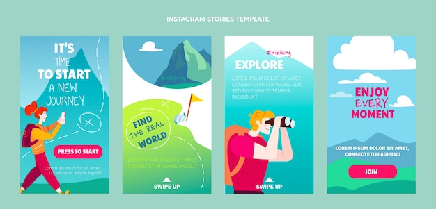 Storie di instagram di trekking di design piatto disegnato a mano