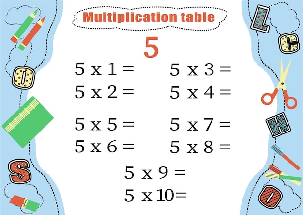 Tabella di moltiplicazione per 5 con un compito per consolidare la conoscenza della moltiplicazione