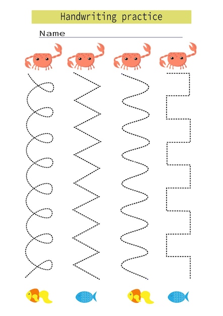 Tracce di linee per bambini crabo marino sviluppo di pesci pratica della scrittura per bambini vettore