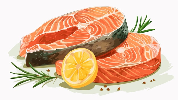 Vettore un disegno di un piatto di salmone con un limone su di esso