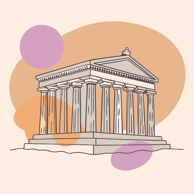 un disegno di un tempio con uno sfondo rosa con un cerchio rosa e un cerchio Rosa al centro