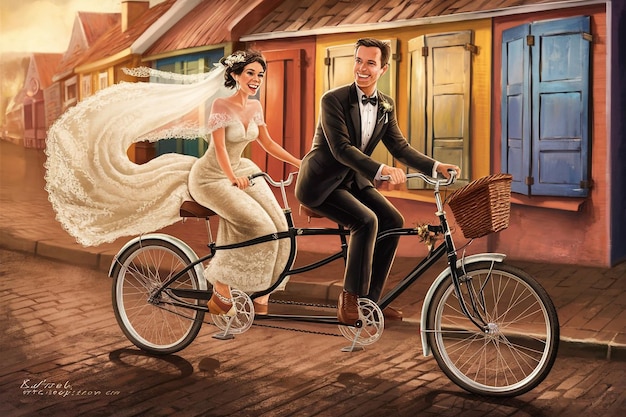 un disegno di una sposa e uno sposo su una bicicletta con un cartello che dice sposa e