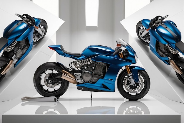 una motocicletta blu con un disegno blu e nero sul lato