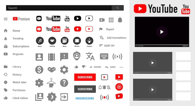 Vettore uno screenshot delle icone di youtube e del logo di youtube.