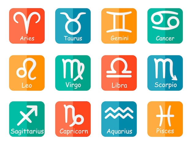 Vettore di simboli del segno zodiacale con didascalie su pulsanti colorati