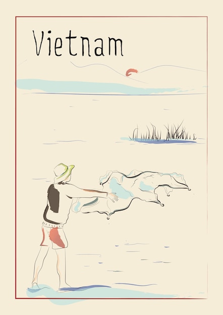 Vietnam. Il pescatore lancia una rete all'alba su un lago di montagna Mancanza di poster di viaggio, banner, cartolina o idea di pagina del calendario, stampa di cancelleria. Vettore