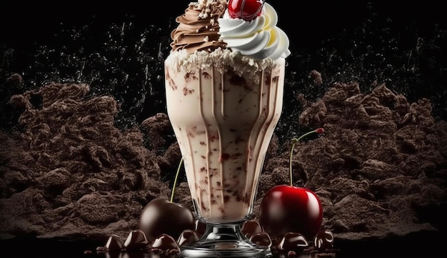 Gratis Foto een chocolademilkshake met slagroom en kers erop.