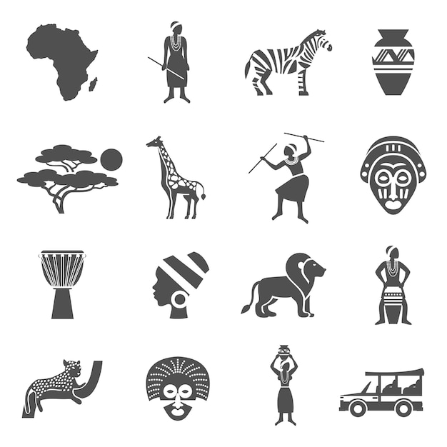 Afrika zwart witte pictogrammen instellen