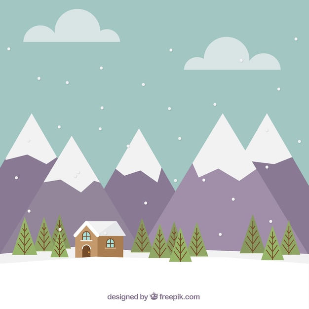 Gratis Vector bergachtig landschap achtergrond met cottage in plat ontwerp