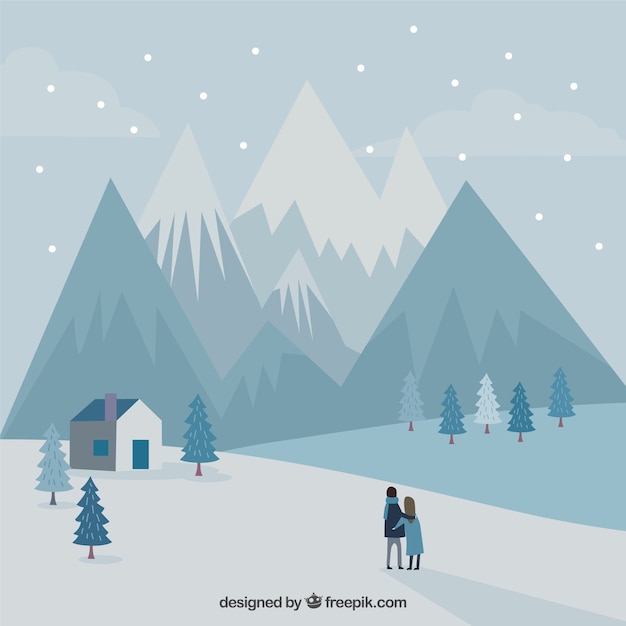 Gratis Vector berglandschap achtergrond met sneeuw en paar