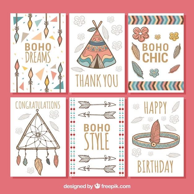 Gratis Vector boho-kaartencollectie in hand getrokken stijl