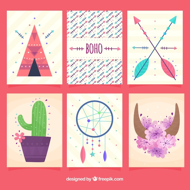 Gratis Vector boho-kaartencollectie met hippie-elementen