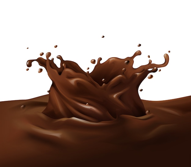 Chocolade splash illustratie van realistische 3D donkere of melkachtige choco fondant swirl met druppels