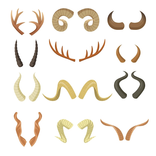 Diverse hoorns set. Paren gewei, ram, rendier, eland, koe, hert, antilope, hert geile delen geïsoleerd op wit