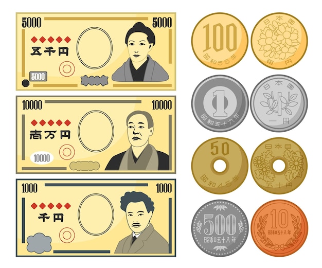 Gratis Vector diverse soorten yen-bankbiljetten en munten