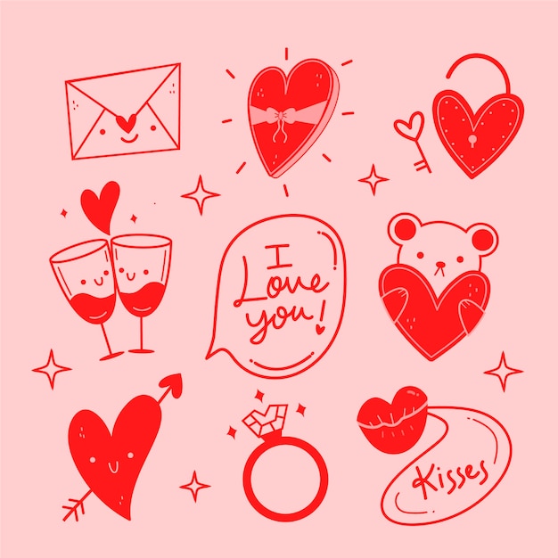 Gratis Vector doodle valentijnsdag handgetekende element pack