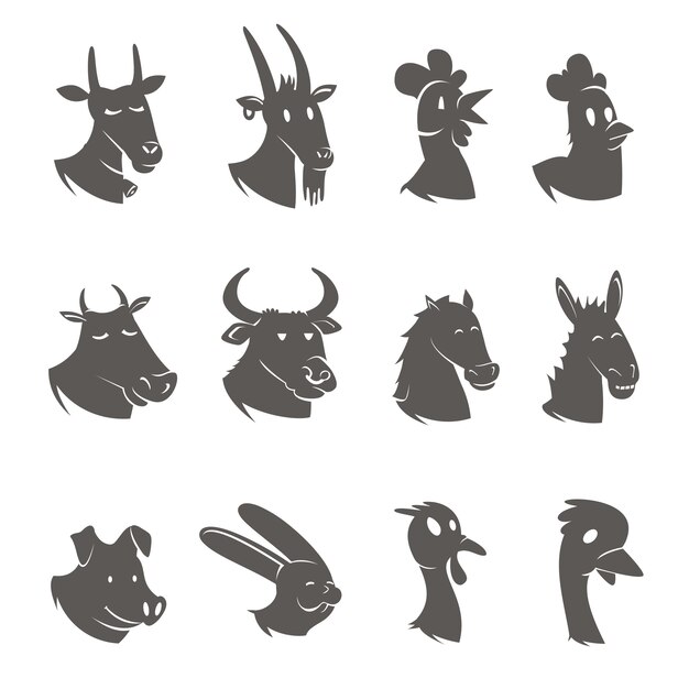 Farm Animals Heads Black Icons Set