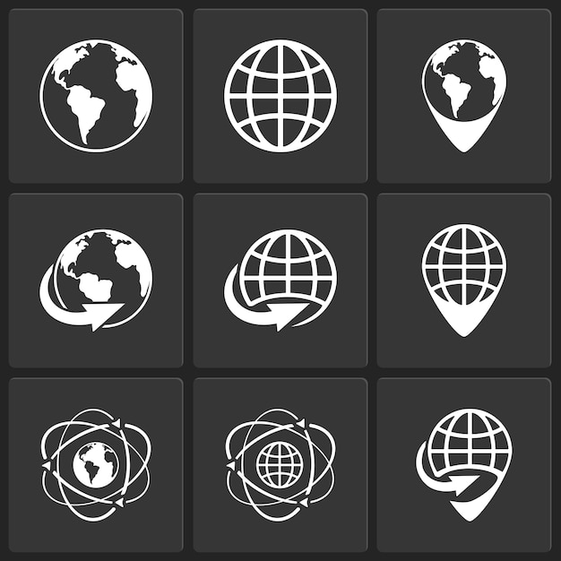 globe aarde wereld iconen vector wit op zwart