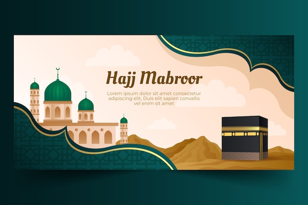 Gratis Vector gradiënt hadj horizontale bannersjabloon met mekka