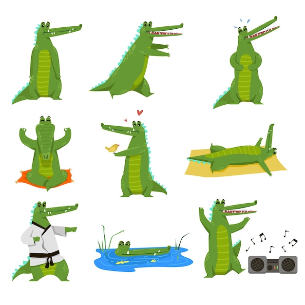 Gratis Vector grappige alligator cartoon karakter illustratie set