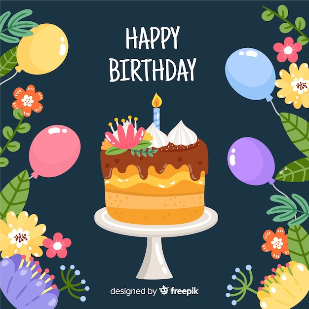 Gratis Vector hand getrokken cake met bloemen verjaardag achtergrond