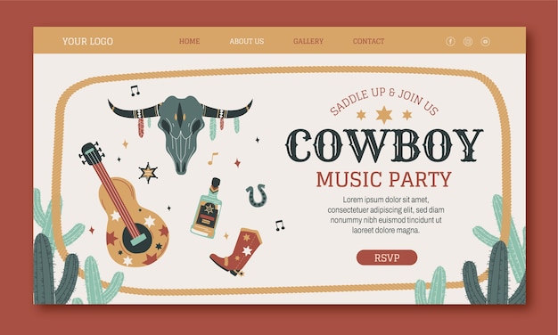 Handgetekende bestemmingspagina voor cowboyfeest