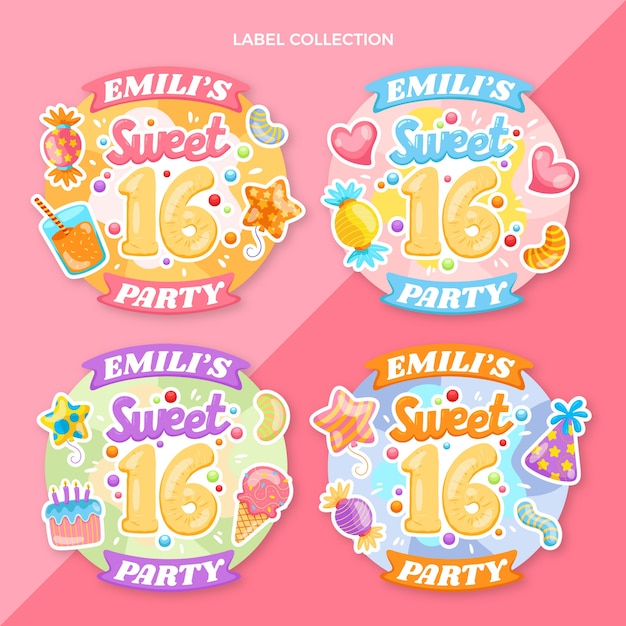 Handgetekende platte ontwerp sweet 16 badges