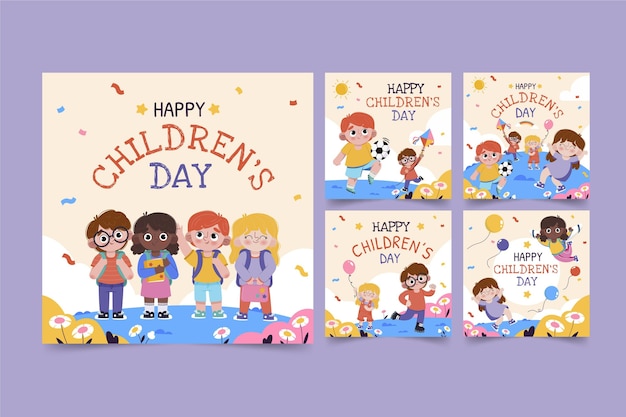 Gratis Vector handgetekende platte wereld kinderdag instagram posts collectie