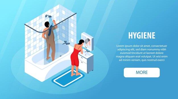 Isometrische hygiëne horizontale banner met tekst meer knop en karakters van badende man en wasvrouw vectorillustratie