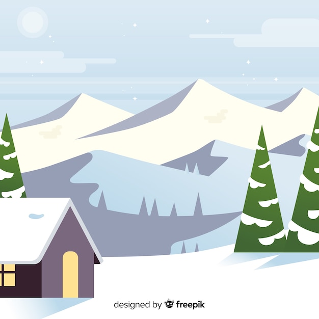 Gratis Vector mooi winterlandschap met een plat ontwerp