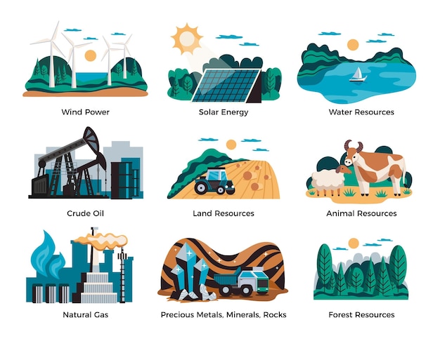 Gratis Vector natuurlijke milieubronnen die met windenergie en zonne-energiesymbolen vlakke geïsoleerde vectorillustratie worden geplaatst