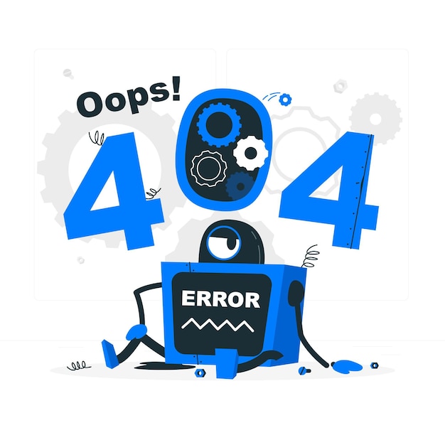 Oeps! 404-fout met een gebroken illustratie van het robotconcept