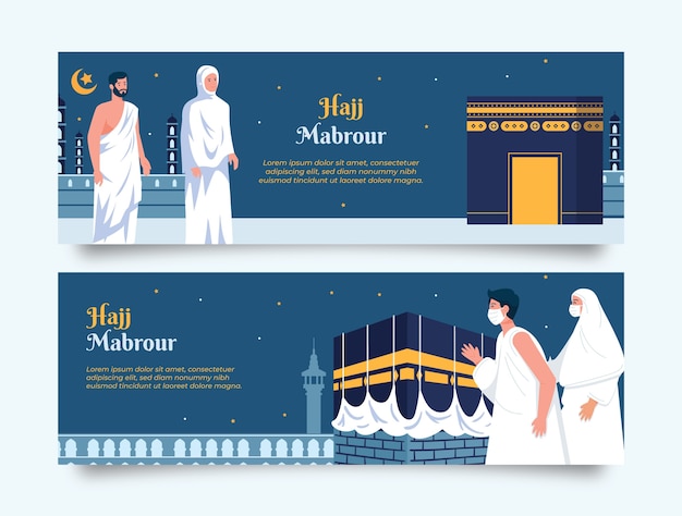 Gratis Vector platte hadj horizontale spandoeken met mekka en biddende mensen