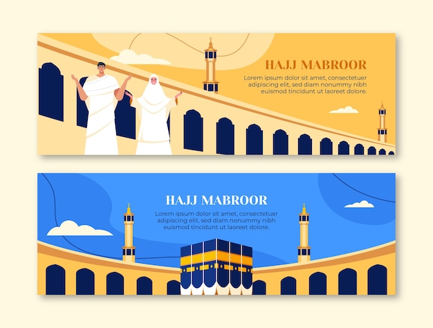 Gratis Vector platte hadj horizontale spandoeken met mensen die bidden in mekka