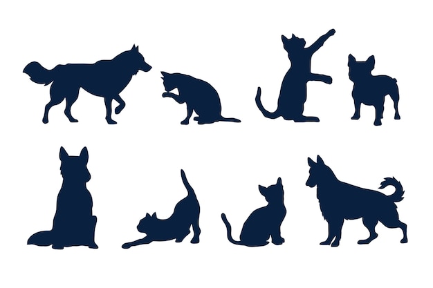 Gratis Vector platte ontwerp hond en kat silhouet set