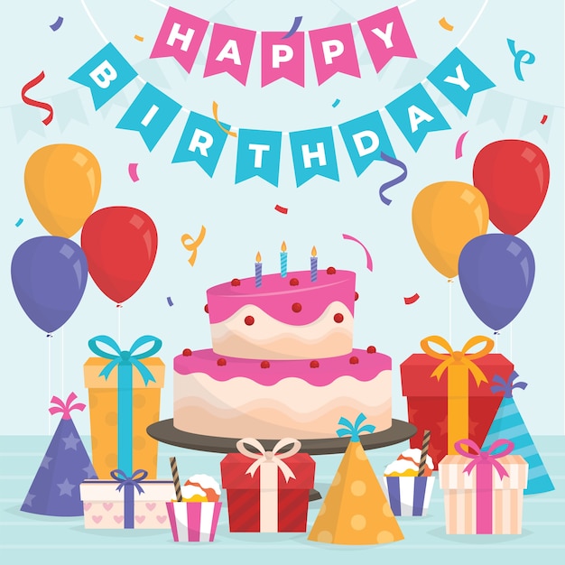 Gratis Vector platte ontwerp verjaardag illustratie met cake en cadeautjes