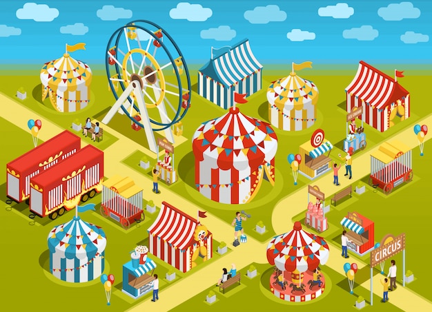 Pretpark Circus attracties isometrische illustratie