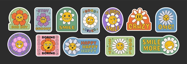 Gratis Vector retro groovy daisy bloemen stickers met verschillende emoties en slogan