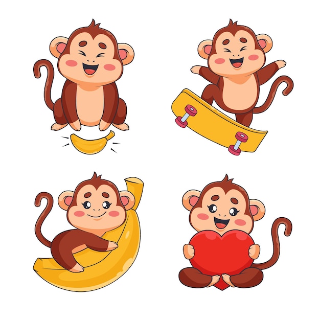 Gratis Vector set van kleine cartoon apen met bananenhart skateboard