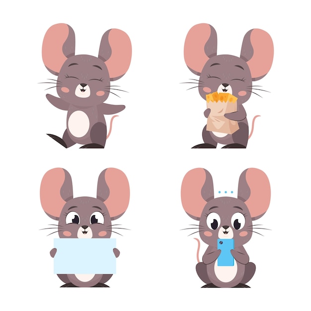 Gratis Vector set van stripfiguur muis met behulp van telefoon, met zak kaasplakken en lege banner