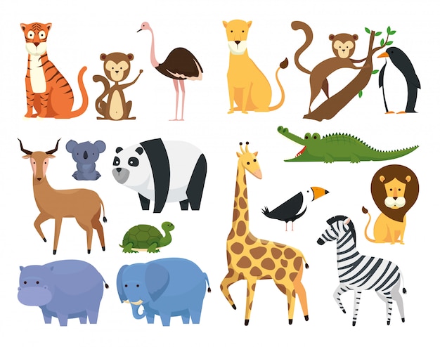 Gratis Vector stel wilde dieren in het safari-reservaat van de dierentuin