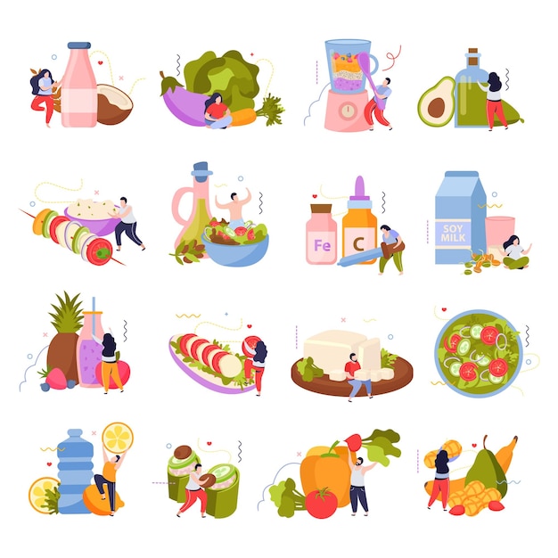 Gratis Vector veganistische voedselreeks geïsoleerde pictogrammen en composities van menselijke karakters met gerechten, groenten en producten vectorillustratie