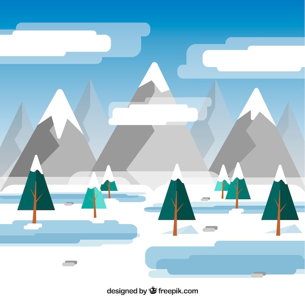 Gratis Vector vlakke winterlandschap met bergen en dennen