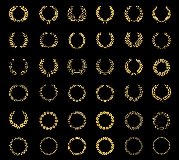 Zeer grote set van zesendertig verschillende vector lauriertarwe bloemen- en bladkransen en ronde frames voor onderscheidingen